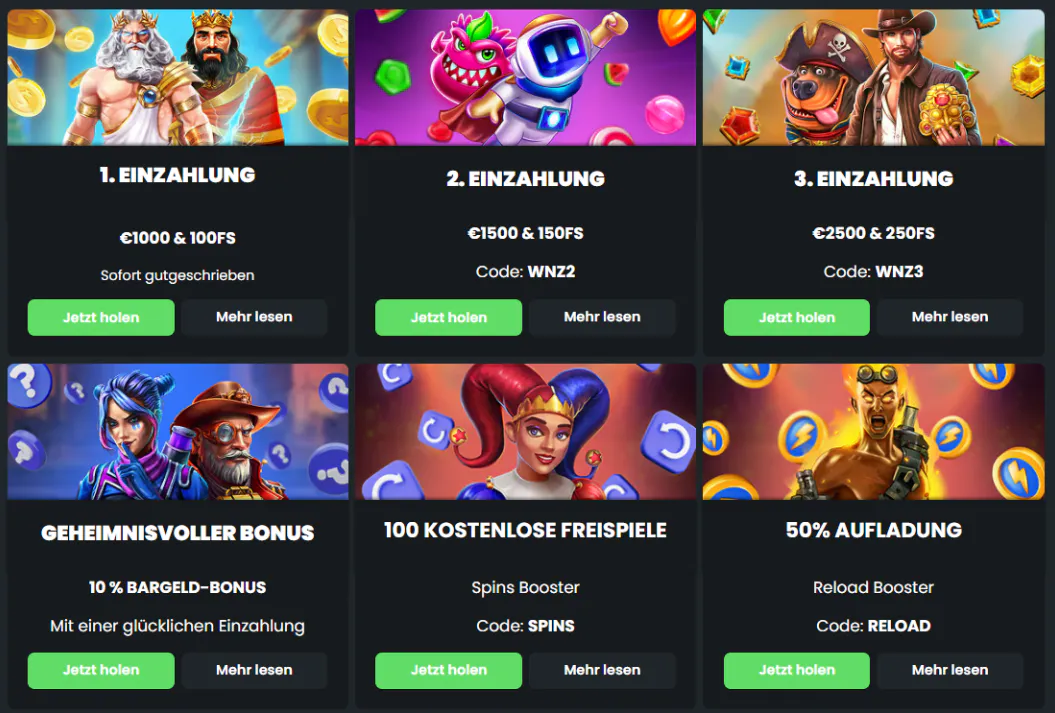 Winningz Casino Willkommensbonus mit drei Einzahlungen, Freispiele, Mystery Bonus und Reload Booster