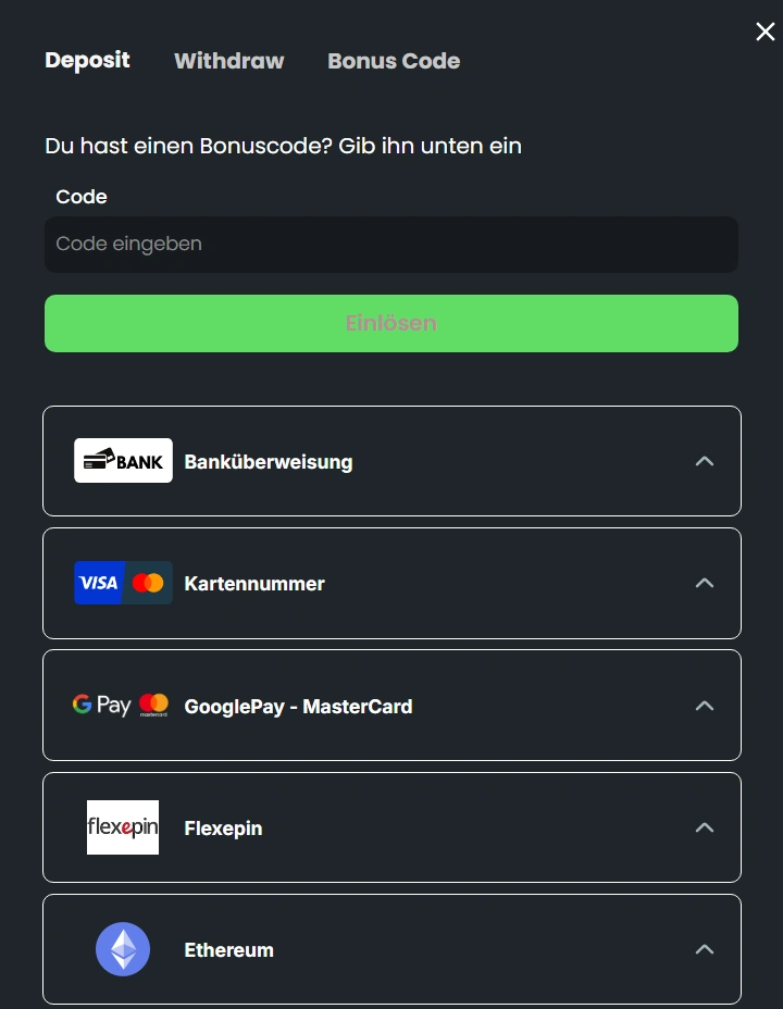 Winningz Casino Zahlungsmethoden